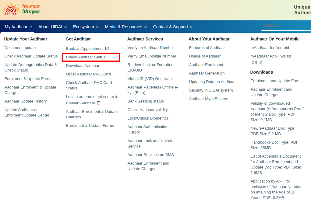 Click on Aadhaar Update Status