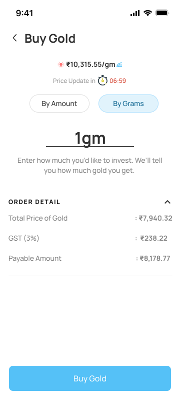Select gold value in grams or amount and proceed to buy